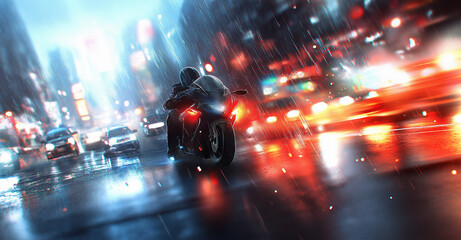 Poster - A motorcycle rushes through a night city in motion. Around are blurred lights of the city and traffic