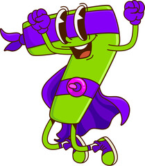 Poster - Cartoon groovy math number seven superhero character. Isolated vector playful 7 figure wearing iconic defender attire cheerfully jumping. Mathematics numeric super hero personage with cheerful smile