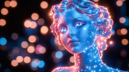 Poster - A glowing digital representation of a feminine figure with a grid pattern, blending elements of classic sculpture with modern, vibrant technological aesthetics.