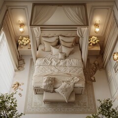Poster - Top view 3D render of intimate bedroom with a fourposter bed dim romantic lighting and a soft elegant color scheme detailed floor plan isolated on a clean white background