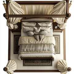 Poster - Top view 3D render of intimate bedroom with a fourposter bed dim romantic lighting and a soft elegant color scheme detailed floor plan isolated on a clean white background
