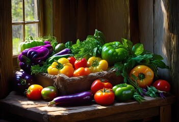 Wall Mural - vibrant seasonal produce arrangement celebrating colors textures artisan presentation fresh ingredients, display, vegetables, fruits, design, beauty