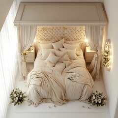 Poster - Top view 3D render of intimate bedroom with a fourposter bed dim romantic lighting and a soft elegant color scheme detailed floor plan isolated on a clean white background