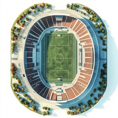 Poster - Top view 3D render of openair sports arena with a vast field and surrounding seating areas detailed floor plan shown against an isolated white background highlighting the spacious design