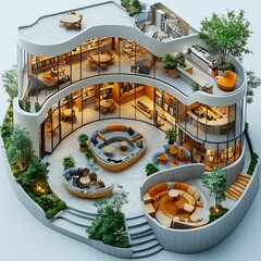 Poster - Top view of campus student center featuring modern cafes and cozy lounges floor plan 3D render on isolated white background
