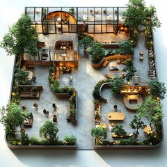 Poster - Top view of campus student center featuring modern cafes and cozy lounges floor plan 3D render on isolated white background