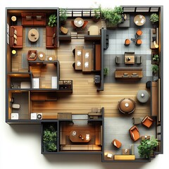Poster - Top view of campus student center featuring modern cafes and cozy lounges floor plan 3D render on isolated white background