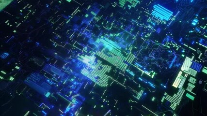 Poster - Digital abstract art representing a futuristic data network with vibrant green and blue colors in a dynamic composition
