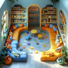 Poster - Top view of children's library with bright furniture reading corners and educational play areas 3D render floor plan detailed layout isolated on white background