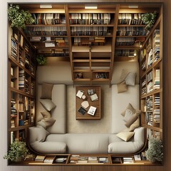 Poster - Top view of home library featuring builtin bookshelves a movable ladder and a serene reading alcove with soft seating 3D render with detailed floor plan isolated on white
