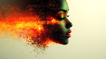 Poster - A creative artwork showing a profile face that appears to be disintegrating into pixels, expressing themes of transition, digital life, and cyber aesthetics.