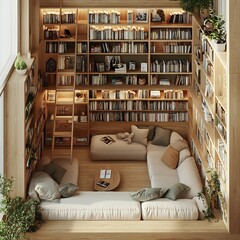 Poster - Top view of home library featuring builtin bookshelves a movable ladder and a serene reading alcove with soft seating 3D render with detailed floor plan isolated on white