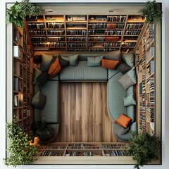 Poster - Top view of home library featuring builtin bookshelves a movable ladder and a serene reading alcove with soft seating 3D render with detailed floor plan isolated on white