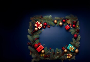 Poster - A festive Christmas wreath made of pine branches, red and gold ornaments, and small presents surrounds an empty space on a dark blue background.