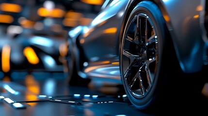 Close-up of a shiny, black car wheel with a blurred background.