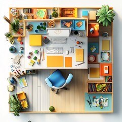 Poster - Top view of home office designed for artistic work featuring an art desk drafting chair and bright colorful art supplies 3D render with floor plan layout isolated on white background