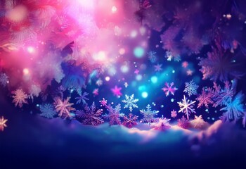 Poster - A dark background with colorful light illuminating snowflakes falling on a bed of white snow.