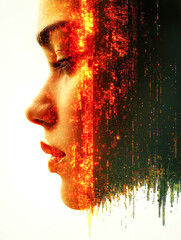 Poster - A side view of a woman's face transitioning into a pixelated matrix. The image explores the interface between human identity and digital transformation artfully.