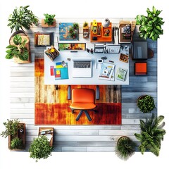 Poster - Top view of home office designed for artistic work featuring an art desk drafting chair and bright colorful art supplies 3D render with floor plan layout isolated on white background