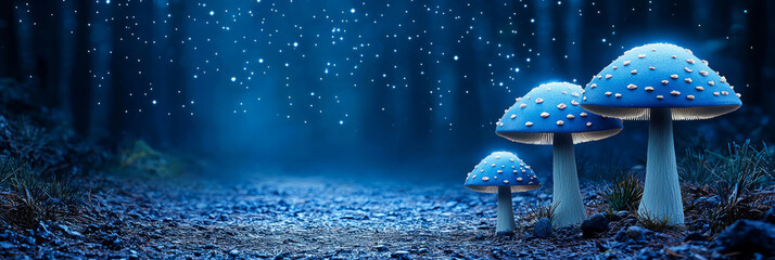 Wall Mural - Misty forest path with glowing mushrooms under starry sky creates magical atmosphere. enchanting scene invites exploration and wonder in natures beauty