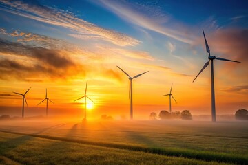 Wall Mural - Close-up view of wind turbines at sunset in a foggy field