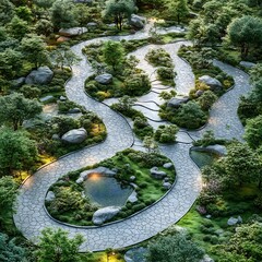Poster - Top view of public garden with artfully designed walking trails tranquil water features and landscaped greenery 3D render floor plan isolated on a white background