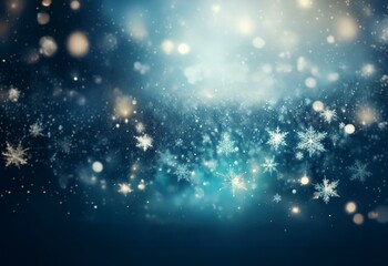 Poster - A sparkling blue and white background with abstract snowflakes and twinkling lights.