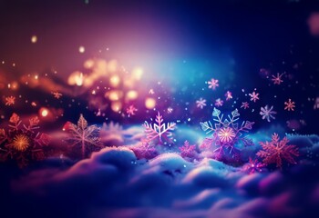 Poster - A swirling nebula of blue, pink, and purple light glows with snowflakes falling in the foreground.