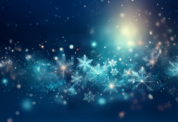 Wall Mural - A blue and white winter scene with snowflakes falling against a blurry background with a bright light in the distance.