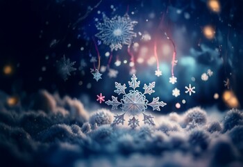 Wall Mural - A cluster of large snowflakes stand on a field of clouds with a flurry of smaller snowflakes falling around them. The background glows with a warm pink, blue, and white light.