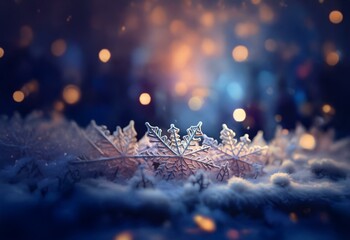 Aufkleber - A single frosted leaf lays in a bed of snow, with a blurred background of sparkling lights.