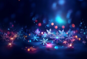 Poster - Abstract background featuring multiple shimmering snowflakes illuminated by colorful bokeh lights.
