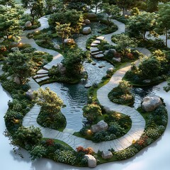 Poster - Top view of public garden with artfully designed walking trails tranquil water features and landscaped greenery 3D render floor plan isolated on a white background