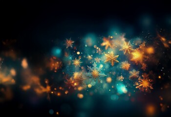 Canvas Print - Abstract design of glowing gold and blue snowflakes against a dark background.