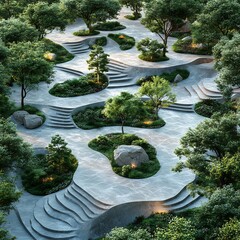 Poster - Top view of public garden with artfully designed walking trails tranquil water features and landscaped greenery 3D render floor plan isolated on a white background