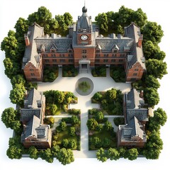 Poster - Top view of traditional redbrick school building with a central clock tower and landscaped green courtyard 3D render on white background