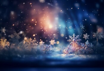 Poster - A dark and mysterious winter scene with falling snowflakes and a soft, warm glow in the distance.