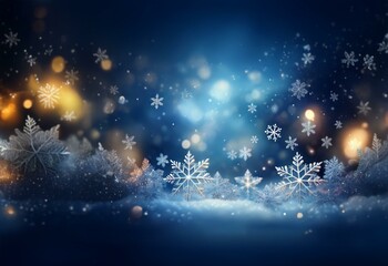 Poster - A winter wonderland scene with falling snow, glistening snowflakes, and soft, glowing lights in the background.