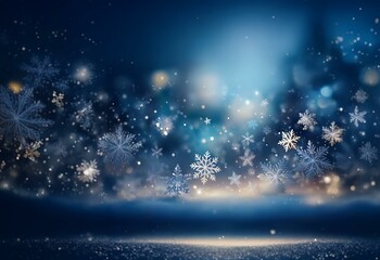 Canvas Print - A blue and white winter scene with snowflakes falling and bokeh lights.