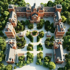Poster - Top view of traditional redbrick school building with a central clock tower and landscaped green courtyard 3D render on white background