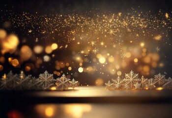 Sticker - A dark background with a bokeh effect featuring sparkling gold and white light.  The surface is reflective and has several snowflakes scattered across it.