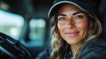 A woman with a cap smiles confidently while sitting in the driver's seat of a vehicle, capturing a moment of joy and assurance on the road in a sunny setting.