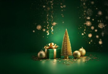 Poster - A gold Christmas tree with ornaments and a present sits against a green background, with gold confetti falling from above.