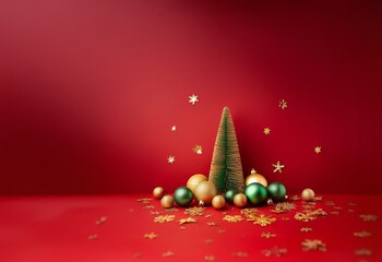 Poster - A simple green Christmas tree sits on a red background surrounded by gold and green baubles with gold stars scattered around.