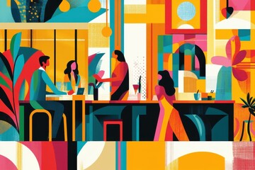 Abstract illustration of people in a vibrant modern office