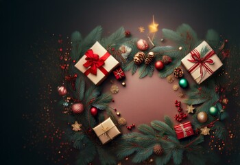 Canvas Print - A Christmas wreath made of pine branches with presents, ornaments, and a star on a dark background.