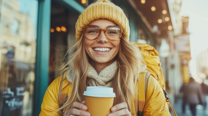 A cheerful woman in a bright yellow jacket and woolen hat holds a coffee cup, smiling warmly outside a cafe, representing joyfulness and cozy street style.