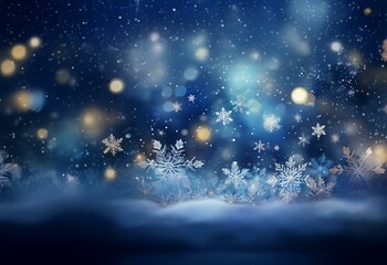 Wall Mural - A wintery scene with a snowy ground and falling snowflakes against a blue backdrop with blurred white and yellow lights.