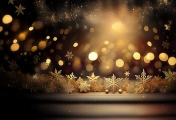 Canvas Print - A dark background with sparkling golden lights and snowflakes, featuring a wooden table in the foreground.