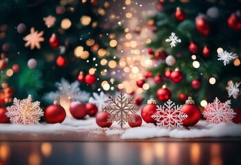 Sticker - A snowy Christmas scene with a wooden table, decorated Christmas trees, and red and gold ornaments.